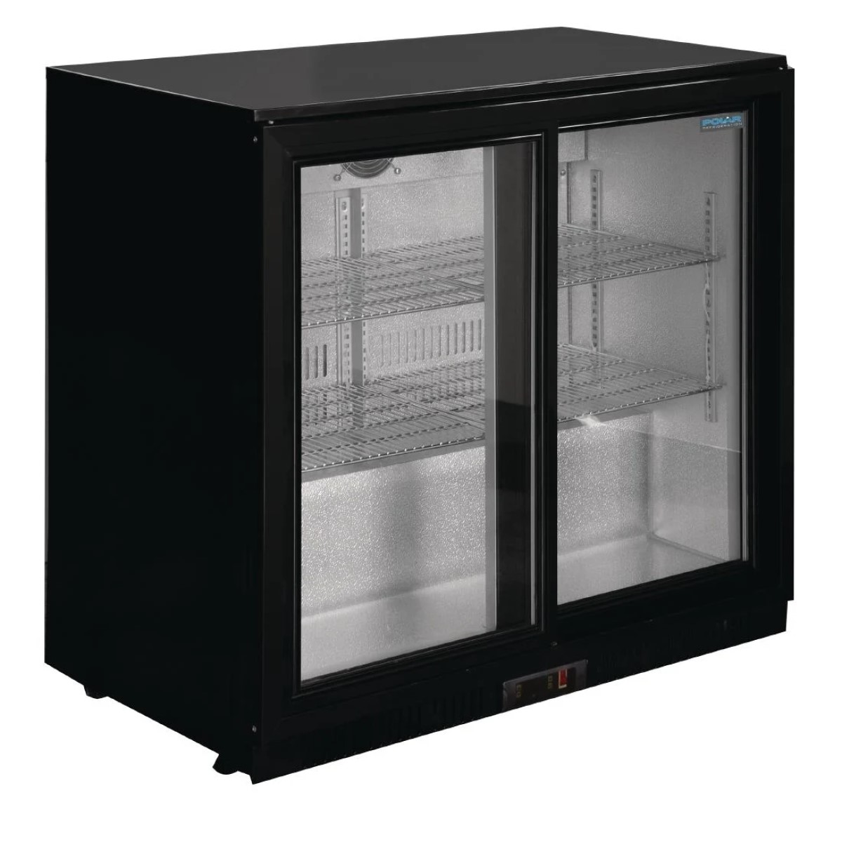 Polar GL003 Double Sliding Door Back Bar Cooler in Black with LED Lighting - 900mm High (G-Series)